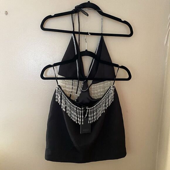 NBD Lali Dress Beaded Fringe Black Cut Out Mini Halter Revolve $328 NWT S - Picture 9 of 12